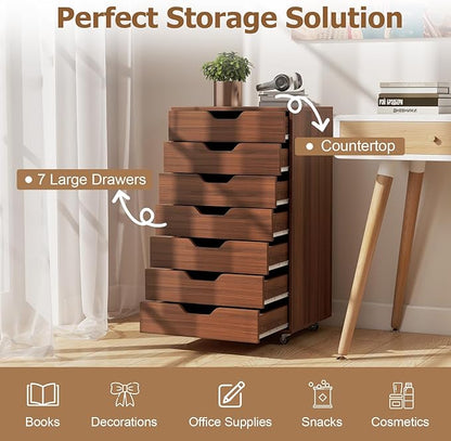 Giantex 7-Drawer Storage Cabinet, Mobile File Organizer with 4 Universal Casters, Wooden Vertical Filing Cabinet on Lockable Wheels for Office, Study, Living Room (19” x 15.5” x 34.5”,Walnut)