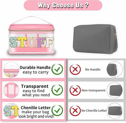 Chenille Letter Clear Makeup Bags Stuff Pouch, Preppy Patch Makeup Bag Zipper with Handle, Transparent PVC & Nylon Waterproof Glitter Cosmetic Handbag Travel Toiletry Storage for Women (STUFF-Pink)
