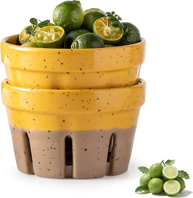 Gomakren Ceramic Fruit Basket Set of 2, Round Fruit Bowls with Holes, Fruit Storage Containers for Fridge, Rustic Berry Basket for Kitchen, Berries, Strawberry, Grape, Cherry, Yellow + Brown
