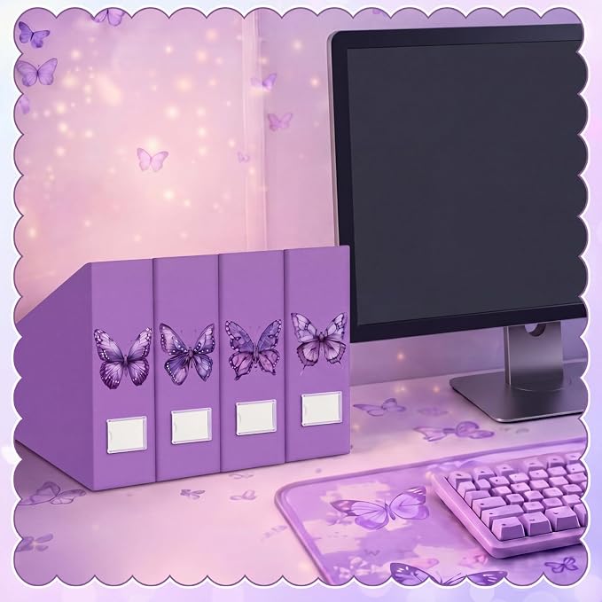 AmazingSpark Set of 4 Purple Butterfly Magazine Holder Decorative Foldable Magazine Storage Boxes with Acrylic Label Holders Coquettish Boho Organizer for Office Home Organization Storage