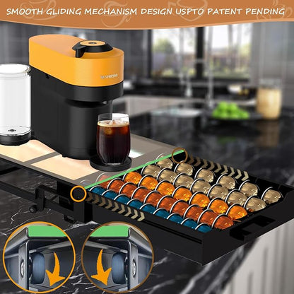 Vertuo Pod Holder Drawer with Deluxe Black Tempered Glass Top, Compatible for Nespresso VertuoLine Pods, Holds up to 75 Small or 50 Big Vertuo Pods Compact Design (CRYSTAL CLEAR ROLLING DRAWER)