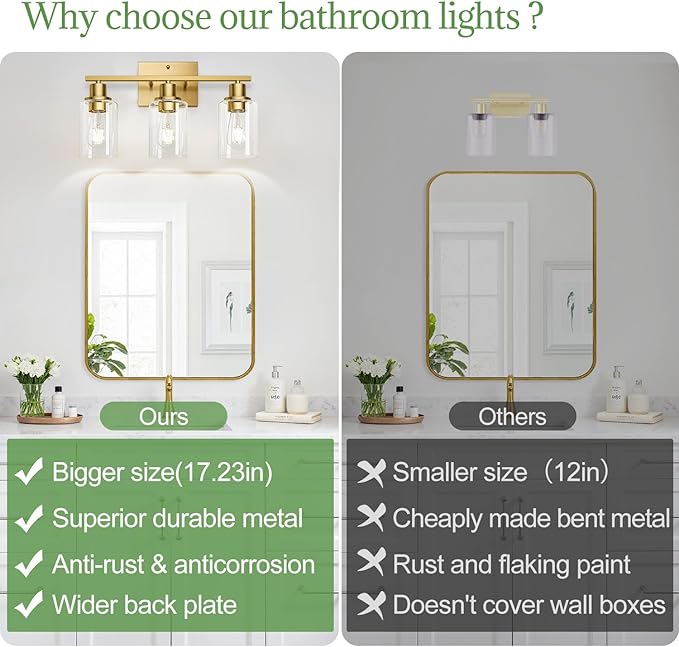 3-Light Bathroom Light Fixtures, Vanity Light with Clear Glass Shades, Brushed Gold Bathroom Light Fixtures Over Mirror, Modern Bathroom Wall Lamp for Mirror Living Room Cabinet Bedroom