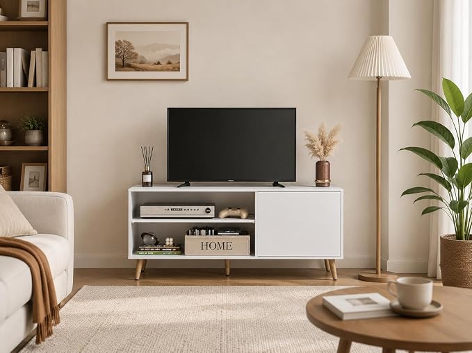 WLIVE TV Stand for 55 Inch TVs, Entertainment Center with Storage Cabinet, Mid-Century TV Stands for Living Room and Bedroom, 50" TV Console, White