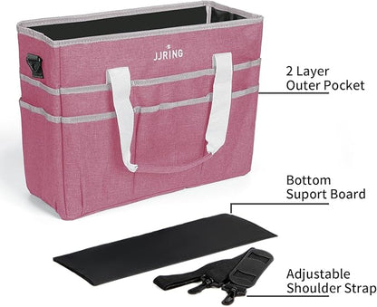 JJRING Craft Organizer Tote Bag, Large Art Storage Caddy with Multiple Pockets, Pink Sewing Bag for Art, Craft, Scrapbooking, Medical, and Office Supplies Storage