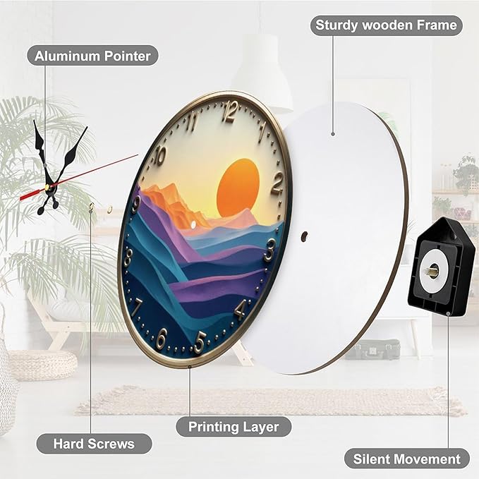 Wall Clock， Sunset Landscape Non Ticking Wall Clocks Battery Operated， Gold Wooden Wall Clocks for Kitchen， Living Room， Bedroom， Office， Bathroom Decorative 25 * 25cm