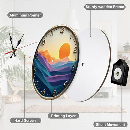 Wall Clock， Sunset Landscape Non Ticking Wall Clocks Battery Operated， Gold Wooden Wall Clocks for Kitchen， Living Room， Bedroom， Office， Bathroom Decorative 25 * 25cm