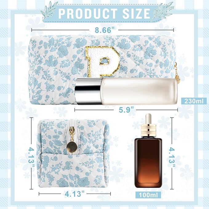 Personalized Quilted Cosmetic Bag, Puffy Monogrammed Christmas Birthday Gifts for Women & Girls, Cute initial Floral Makeup Bag Puffer Coquette Bag, Aesthetic Travel Toiletry Zipper Pouch(Blue,P)