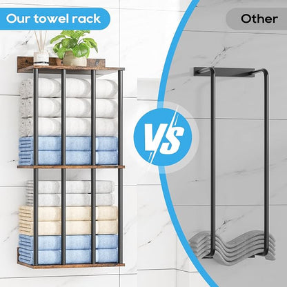 Towel Racks for Bathroom Wall Mounted, Updated 4 Bar Wall Towel Holder | Large Bathroom Towel Storage Rack for Rolled Towels, Vintage Metal Towel Organizer Shelf with Wooden Storage Shelf