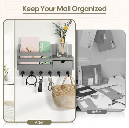 FifthQuarter Key and Mail Holder for Wall, Mail Organizer Wall Mount with 6 Hooks and Storage Drawer, Easy Installation Key Rack for Entryway and Home Decor (A-Grey)