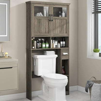 Vabches Over-The-Toilet Storage Cabinet with Double Doors, Toilet Paper Holder Stand & Adjustable Shelf, Freestanding Space Saver, Grey