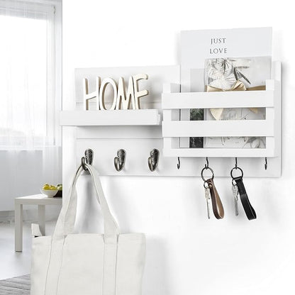 Lwenki Mail Organizer for Wall Mount – Key Holder with Shelf Includes Letter Holder and Hooks for Coats, Dog Leashes – Rustic Wood with Flush Mounting Hardware (16.5” x 8.7” x 3.5”)
