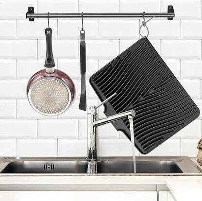 TIKNIK Silicone Dish Drying Mat for Kitchen Counter - Heat Resistant & Non-Slip Dish Drain Pad with Built-In Drain, Dishwasher Safe, Quick-Dry, Hangable & Roll-Up for Storage, Black-2pcs, 20" x 15"