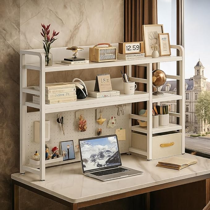 Desktop Bookshelf, pegboard Storage and Organization Rack, Dorm Desk Shelf, Desk Hutch, Desktop Storage for Office, Study, Student Display Rack,Desktop Shelves (White 37.4" Lx9.9 Wx34 H)