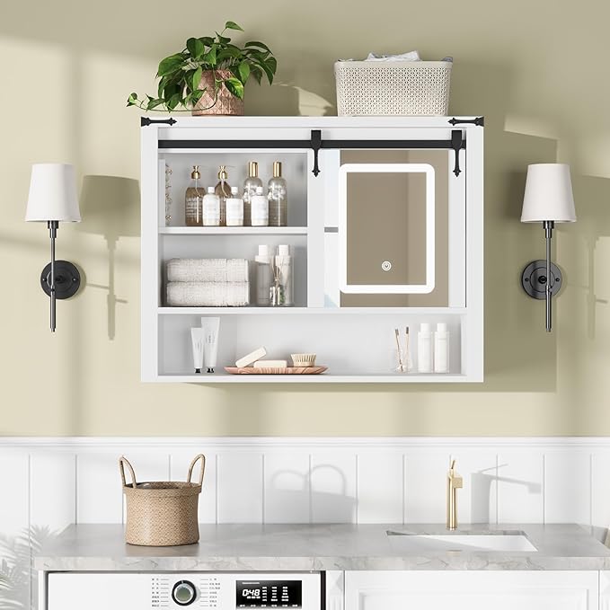 QUW 31" Farmhouse Bathroom Wall Cabinet, Bathroom Medicine Cabinets with Mirror, Over Toilet Wall Storage Cabinet, 3 Lighting Modes, Adjustable Brightness, Jewelry Holder, Sliding Door, White