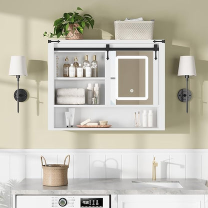 QUW 31" Farmhouse Bathroom Wall Cabinet, Bathroom Medicine Cabinets with Mirror, Over Toilet Wall Storage Cabinet, 3 Lighting Modes, Adjustable Brightness, Jewelry Holder, Sliding Door, White