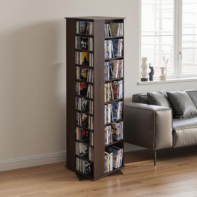 VEVOR Media Storage Cabinet, CD Rack Tower, 34 Compartments Rotating Media Tower Rack for CDs, DVDs, Books and Game Discs, DVD Stand for Living Room, Home Office and Recording Room, Brown