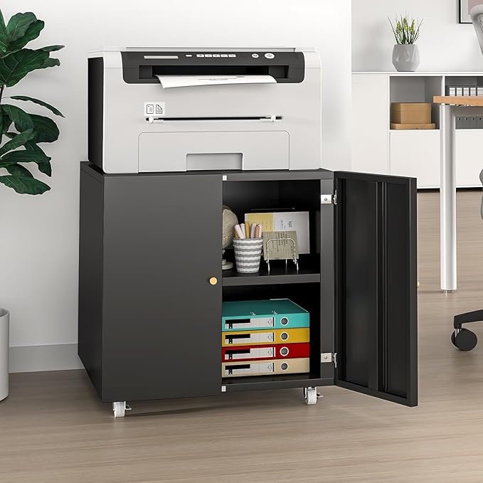 Large Printer Stand with Storage,3D Heavy-Duty Printer Table for Home Office with Wheels,2 Doors and Adjustable Shelves,23.62" H Black