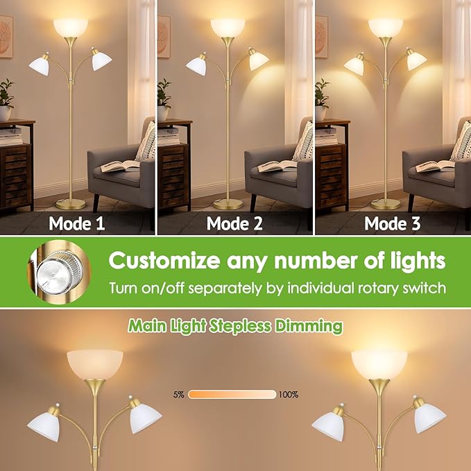 Floor Lamp for Living Room,72" Dimmable Torchiere Lamp with 2 Reading Lights for Bedroom, Gold Tall Standing Room Lamp, 3 Bulbs Included