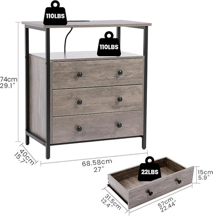 3 Wooden Drawers Night Stand, 27 Inch Wide Nightstand with Charging Station and Adjustable Drawers, Small Dresser for Closet, Bedside Table for Living Room/Bedroom/Office, Gray.