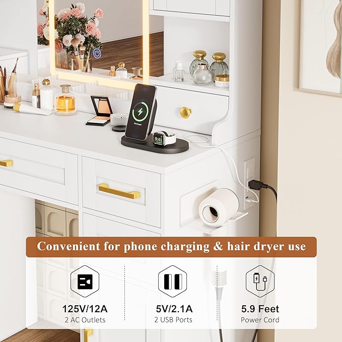 KAMABOKO Vanity Desk with Mirror & LED Lights & Power Outlet, Large Makeup Vanity Table with 5 Drawers and 4 Storage Cabinets, White Dressing Table for Bedroom