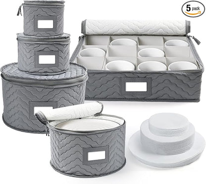 LotFancy China Storage Containers, Quilted 5-Piece Set Storage Box, Chinaware Dinnerware Dish Plate Mug Cup Storage Case, 48 Felt Protectors, Cardboard Dividers Included