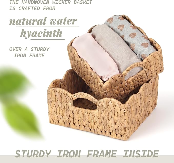 Scalloped Baskets (Natural-Set of 2) Basket Living Room Organizer, Water Hyacinth Baskets For Decor, Woven Basket for Bathroom, Bedroom, Laundry. Hyacinth Storage Basket with Built-in Handles