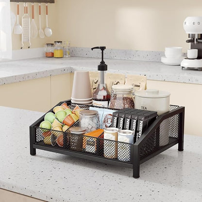 Homsorout Coffee Station Organizer - Coffee Bar Organizer with Removable Dividers for Pods Condiment Syrup Tea Stirrers, K Cup Holder for Kitchen, Office, Home, Countertop, Black
