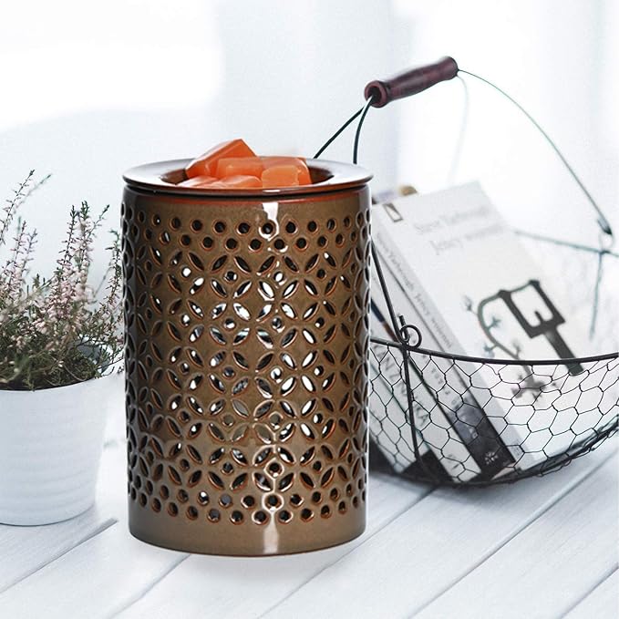 ASAWASA Ceramic Wax Melt Warmer with Timer and Silicone Dish,Candle Wax Warmer for Scented Wax & Essential Oils,Ideal Gift for Home Office Kitchen Long Dark Brown