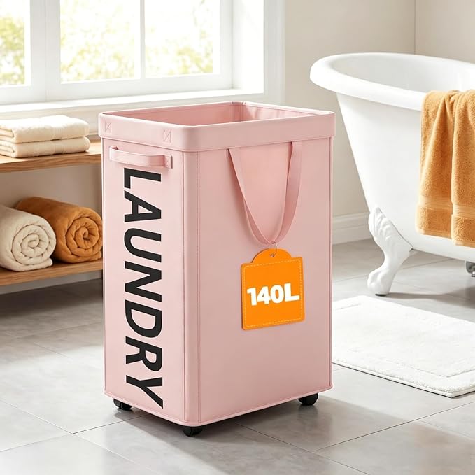 Optish 140L Laundry Hamper with Wheels, Rolling Laundry Basket with Removable Mesh Bag, Extra Large Clothes Hamper on Wheel for Bedroom, Bathroom, Dorm Room Essentials, Pink