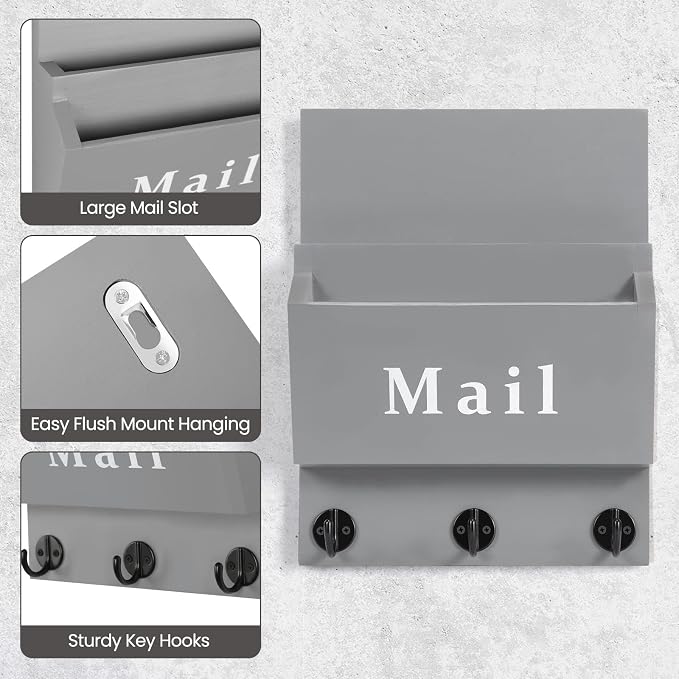 Mail and Key Holder - Decorative 8.86" x 11.42" Wall Key Hanger with 2 Mail Organizer Slots and 3 Hooks - Real Paulownia Wood with Keyhole Brackets, Hardware and Instructions (Gray)