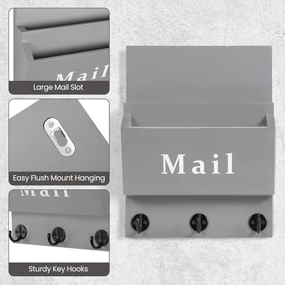 Mail and Key Holder - Decorative 8.86" x 11.42" Wall Key Hanger with 2 Mail Organizer Slots and 3 Hooks - Real Paulownia Wood with Keyhole Brackets, Hardware and Instructions (Gray)