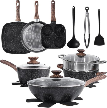 Sweetcrispy 17 Pcs Nonstick Pots and Pans, Induction Kitchen Cooking Set with Stay-Cool Handles, Black