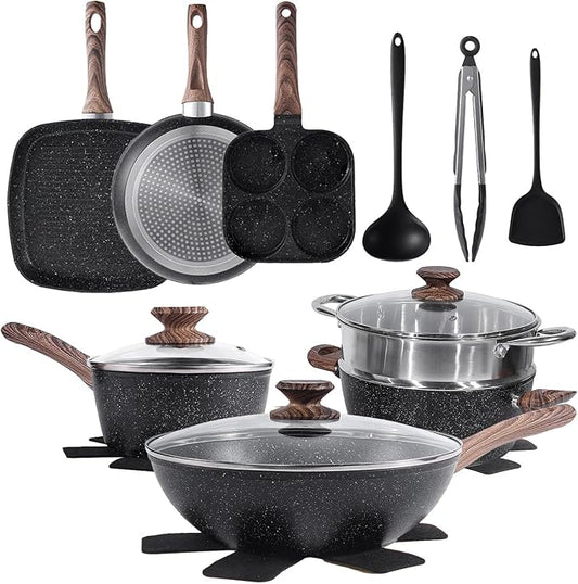 Sweetcrispy 17 Pcs Nonstick Pots and Pans, Induction Kitchen Cooking Set with Stay-Cool Handles, Black