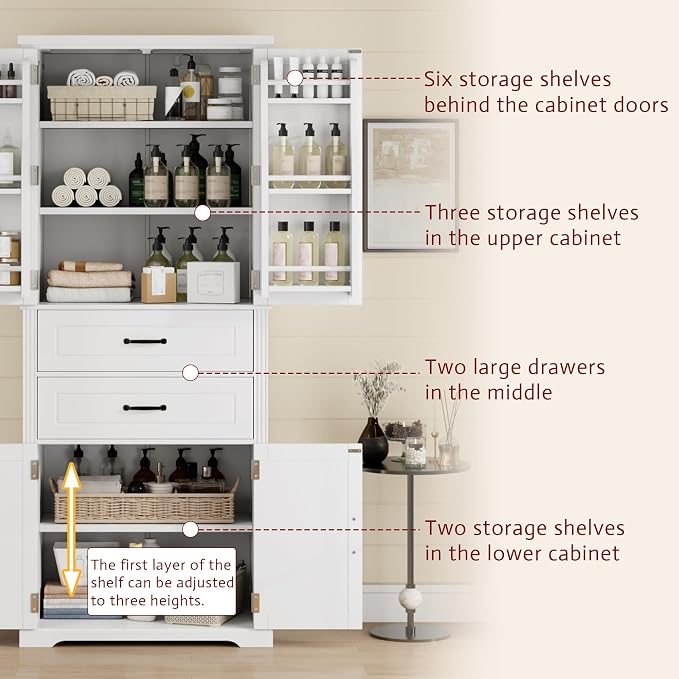 Storage Cabinet,Tall Freestanding Cabinet with Adjustable Shelf | Tall storage cabinet, 4-door design, 5+ shelves, upper door shelves, and 2 pull-out compartments for organized storage