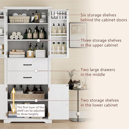 Storage Cabinet,Tall Freestanding Cabinet with Adjustable Shelf | Tall storage cabinet, 4-door design, 5+ shelves, upper door shelves, and 2 pull-out compartments for organized storage
