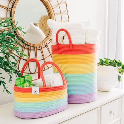 OrganiHaus Large Rainbow Woven Laundry Basket w/Handles 52L, Decorative Toy Storage Bin for Nursery, Colorful Blanket Basket for Playroom, Baby Laundry Hamper, Fun Kids Room Decor Organizer