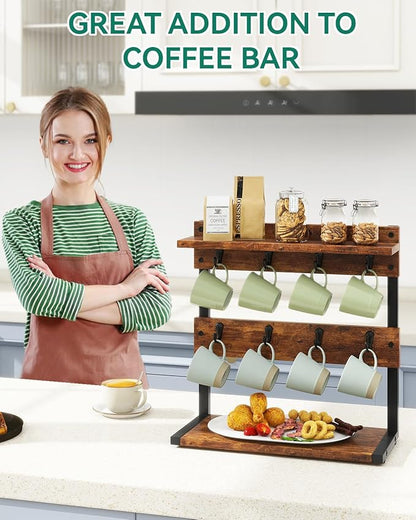 IBUYKE Rustic Coffee Mug Holder Stand, 2 Tier Countertop Mug Tree Holder Rack with Storage Base, Vintage Mug Holders for Kitchen, Holds 8 Mugs, Rustic Brown UTBJ002H