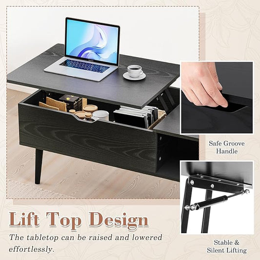 OLIXIS Wood Lift Top Coffee Table with Hidden Compartment and Large Storage Shelf, Lift Tabletop Dining Center Table for Home Living Room Office, Black