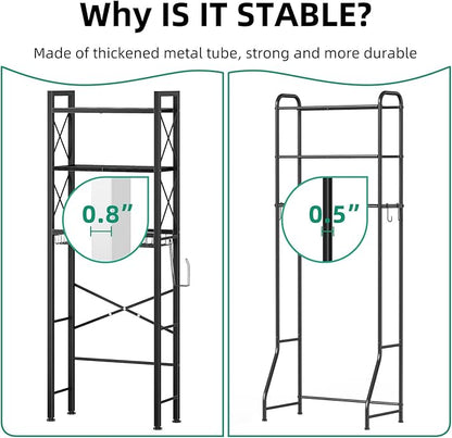 Kalrin Over The Toilet Storage with X Shape Side Guardrail, 3-Tier Over Toilet Storage Rack with Drain Basket, Freestanding Bathroom Organizer for Balcony Laundry, Pure Black