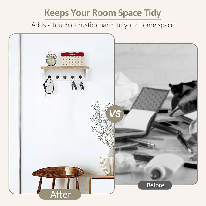 Nekon Key Holder for Wall, 11.8" W x 3.5" H x 2.8" D Decorative Key Organizer with Floating Shelf, Wall Mount Key Rack with 5 Hooks (Wood)