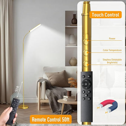 Gold Floor Lamp, 18W 1800LM Bright LED Floor Lamps for Living Room Bedroom, Dimmable Timing Eye Caring Reading Standing Lamp with Remote & Works with Smart Plug