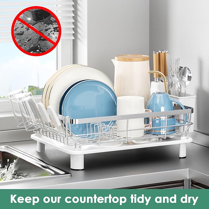 MOUKABAL Dish Drying Rack, Dish Rack, Stainless Steel Dish Racks for Kitchen Counter, Dish Drainer with Removable Utensil Holder, Drainboard (White,Stainless Steel,13''W x 17''L)