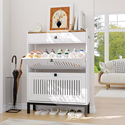 Garvee 2 Flip Drawer Shoe Cabinet with Adjustable Shelves, Hidden Shoe Organizer with Top Drawer, Freestanding Wooden Shoe Rack for Entryway, Hallway, Living Room, White