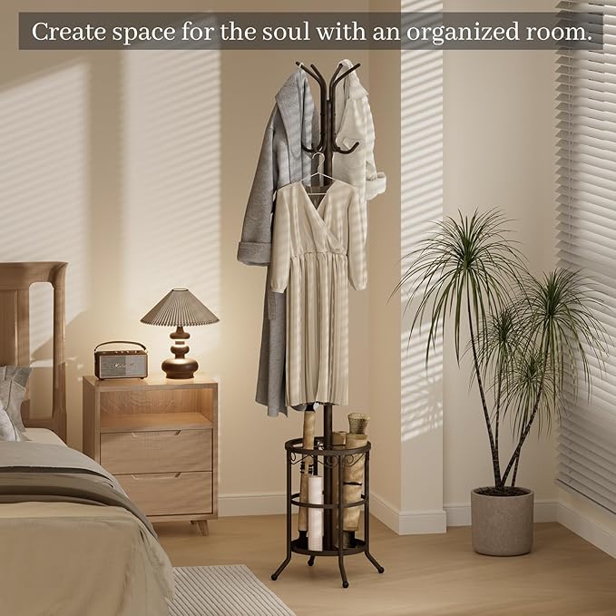 Coat Rack Freestanding With Umbrella Holder – Metal Hall Tree with 12 Hooks, Entryway Organizer for Hats, Bags, and Clothes (Brown)