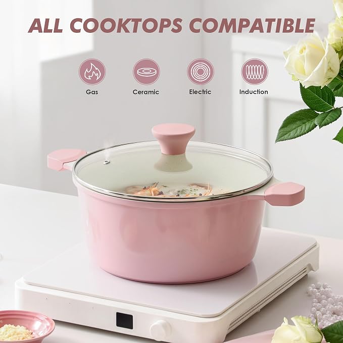 SENSARTE Ceramic Nonstick Stock Pot with Lid, 4.5 Quart Induction Cooking Pot with Tempered Glass Lid, Stew Pot for Soup and Oatmeal, Pasta Casserole, PFOA PFAS PTFE Free, Pink