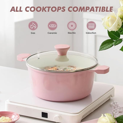 SENSARTE Ceramic Nonstick Stock Pot with Lid, 4.5 Quart Induction Cooking Pot with Tempered Glass Lid, Stew Pot for Soup and Oatmeal, Pasta Casserole, PFOA PFAS PTFE Free, Pink