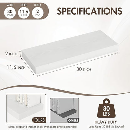 Acovy 30 Inch Floating Shelves, 12" Deep Floating Shelf Wall Mounted, 30" Wall Shelves, Rustic Deep Bookshelf, Extra Deeper & Thicker Display Shelves for Bedroom, Living Room, White, Set of 2