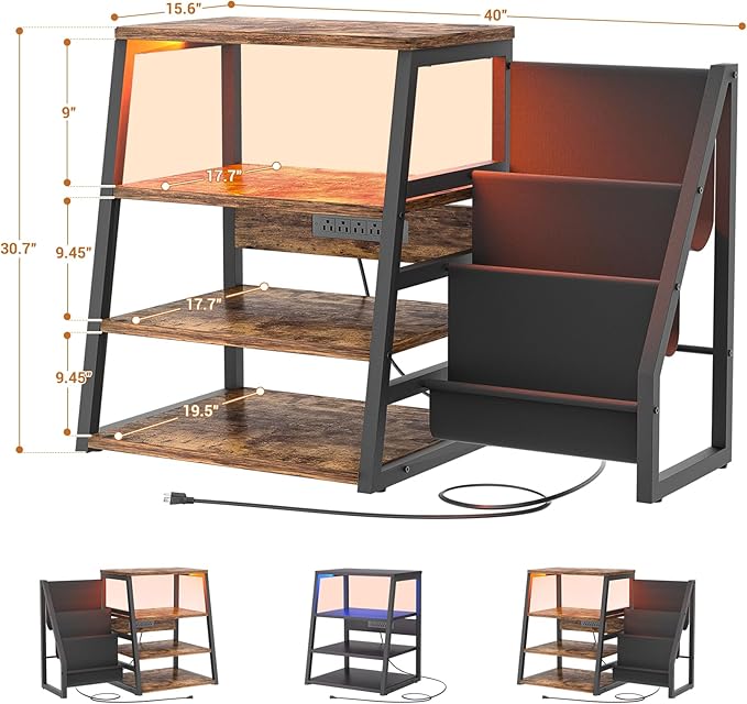 AV Media Stand with Outlets, Stereo Stands and Racks with Vinyl Storage, Stereo Stand with Record Storage, Audio Stereo Rack Cabinet, Turntable Console Stand with LED lights, 4 Tiers, Rustic Brown