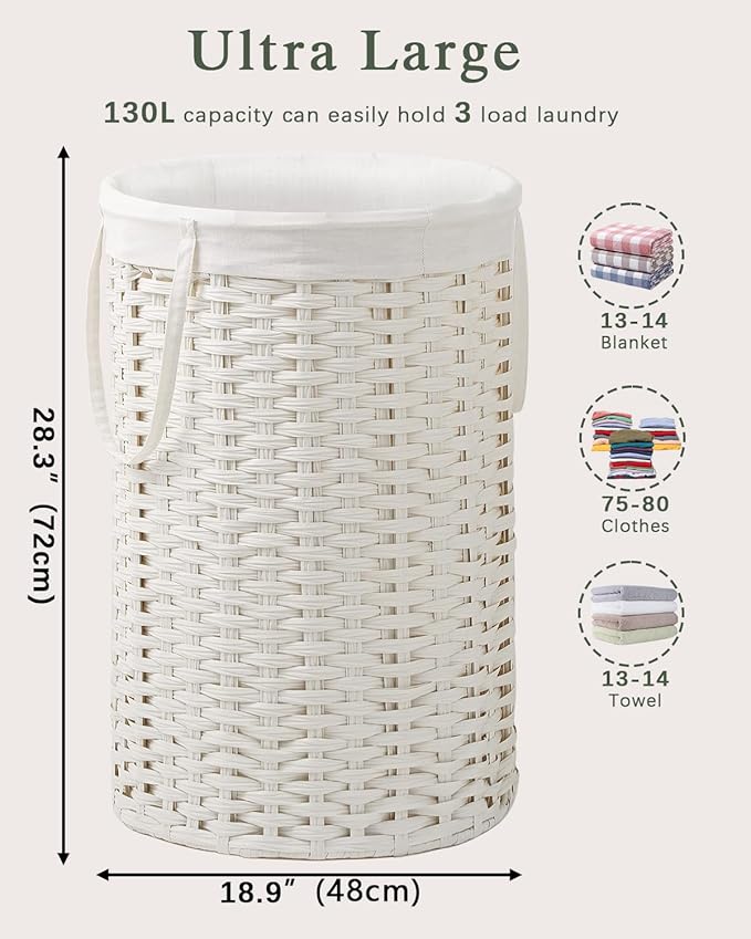 34.3 Gal (130 L) Large Laundry Hamper Laundry Basket Round Handwoven Wicker Laundry Baskets Rattan Laundry Basket with Removable Bag Handles 2 Mesh Bags for Living Room Bedroom White (No Lid)
