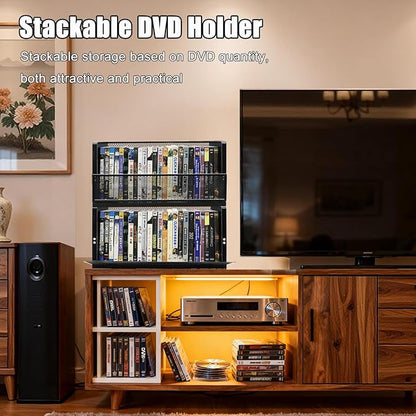 DVD Storage Box, 2 Pack Holds 56 DVDs (28 Each), Stackable Wood & Metal Organizer with Magnetic Opening Door for Blu ray, CDs, Video Game Cases, VHS Tapes